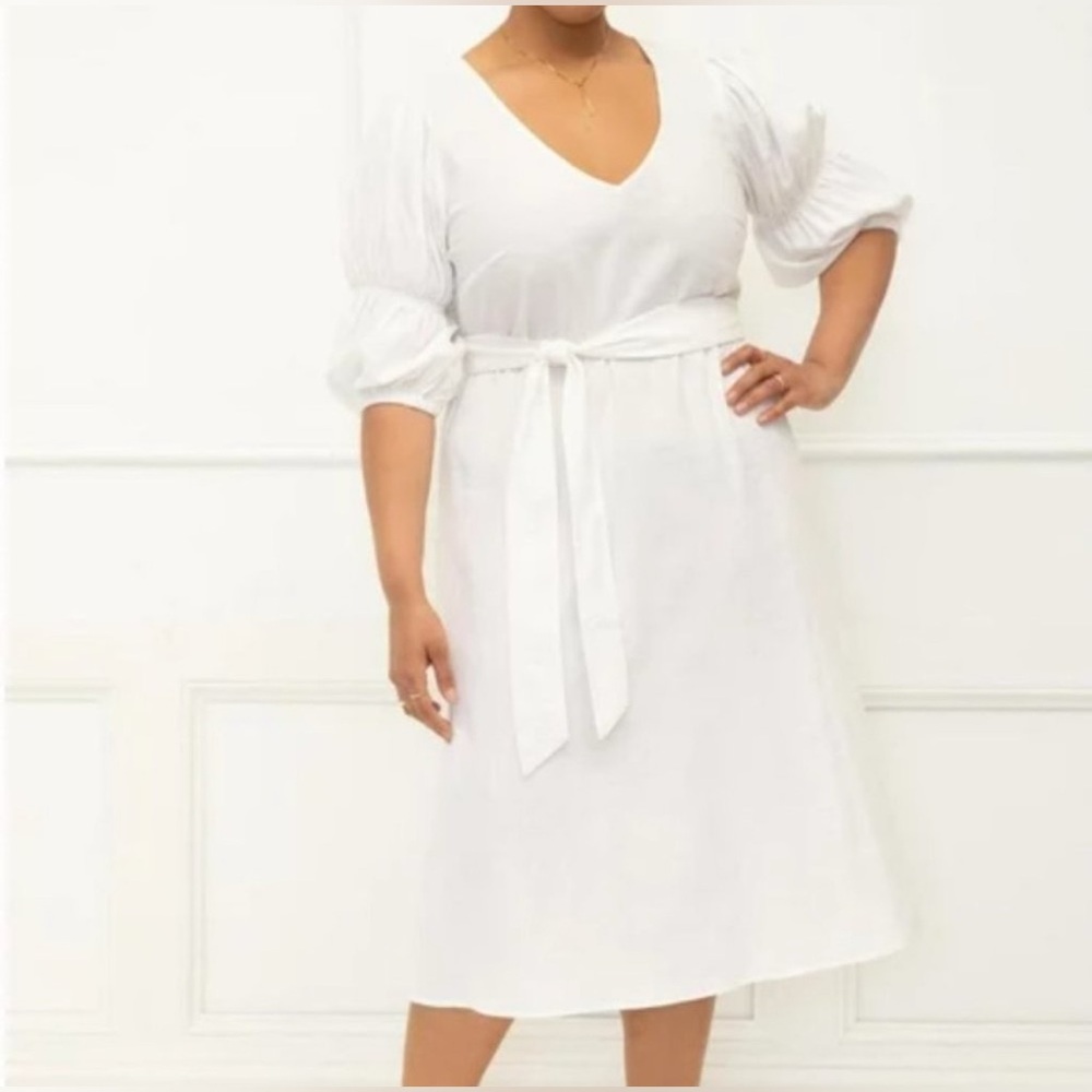 Eloquii Ivory Linen Blend Puff Sleeve Belted Midi Dress Size 16